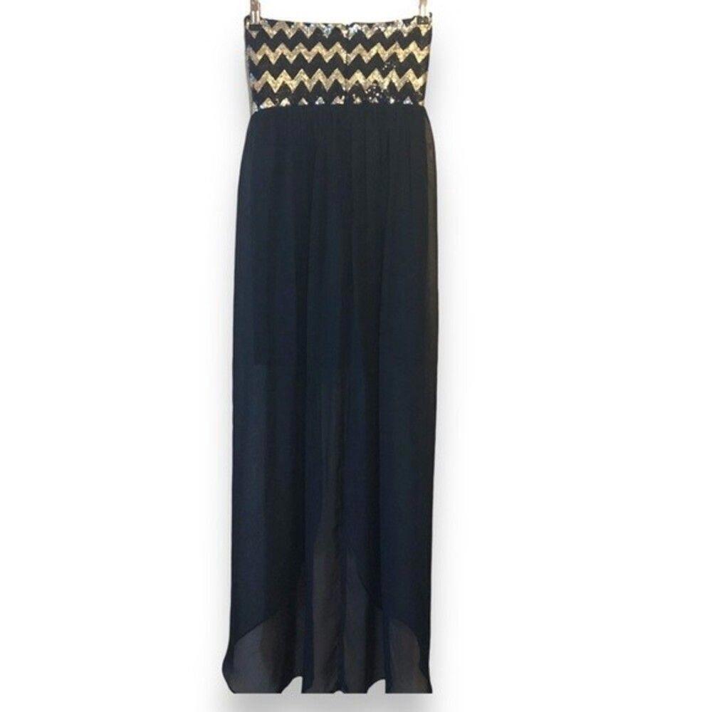 Elegant Black Strapless Jumpsuit with Sequin Top - Size 3/4 - Picture 2 of 6